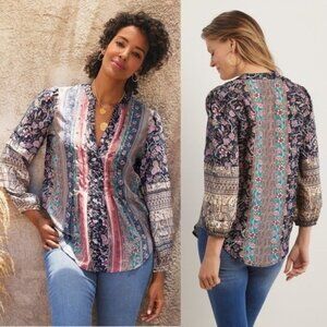 Soft Surroundings Womens Milarepa Silk Blouse Sari Blue Multi Floral size Medium